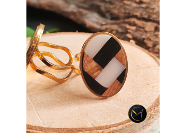 bague inspiration vane, patchwork, composition bois, tamarin, ébène de Madagascar, ivoire végétal