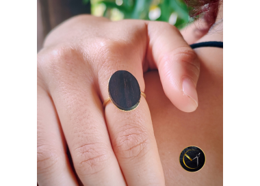 Bague bois d'ébène de Madagascar et acier inoxydable, ovale, réglable