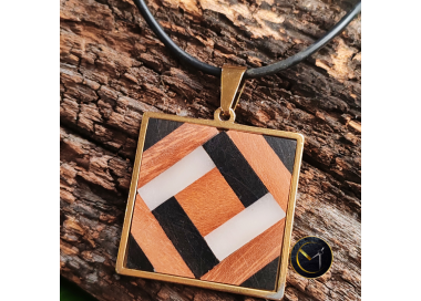 Pendentif, graphique, marqueterie, carré, mixte, homme, femme, bijoux, tamarin, ivoire végétal, ébène, Madagascar, bijoux