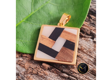 Pendentif, graphique, marqueterie, carré, mixte, homme, femme, bijoux, tamarin, ivoire végétal, ébène, Madagascar, bijoux