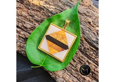 Pendentif, graphique, marqueterie, carré, losange, mixte, homme, femme, bijoux, tamarin, ivoire végétal, ébène, jacques, Madagas